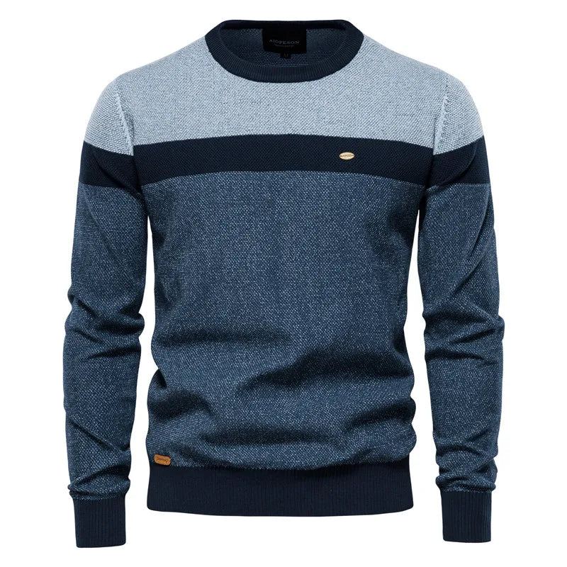 Men's colour block crew neck jumper in blue – Aelric – front view