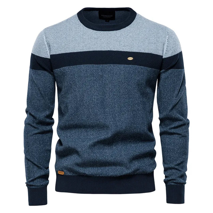 Men's colour block crew neck jumper in blue – Aelric – front view