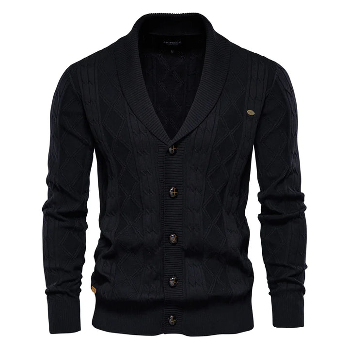 Men's shawl collar knit cardigan Ivor in Black – front view