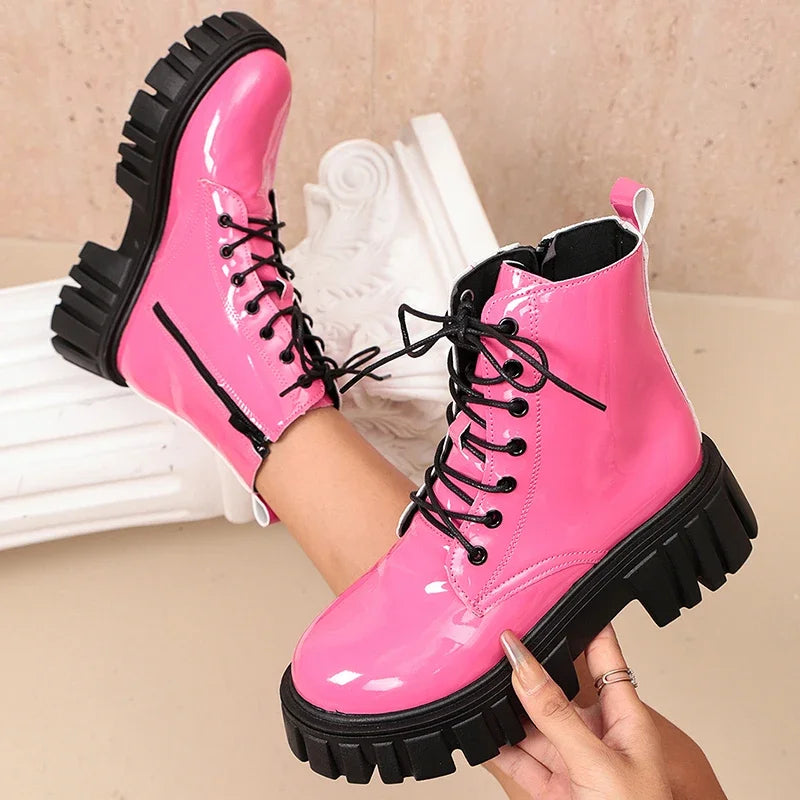 Women's Waterproof Combat Boots - Astrid in Pink – angled side view