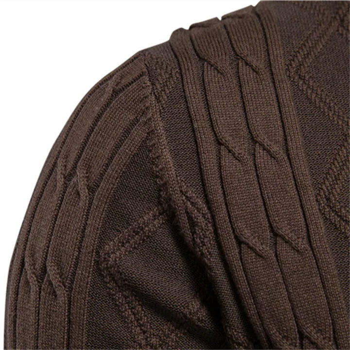 Men's shawl collar knit cardigan Ivor in Dark Brown – shoulder cable detail