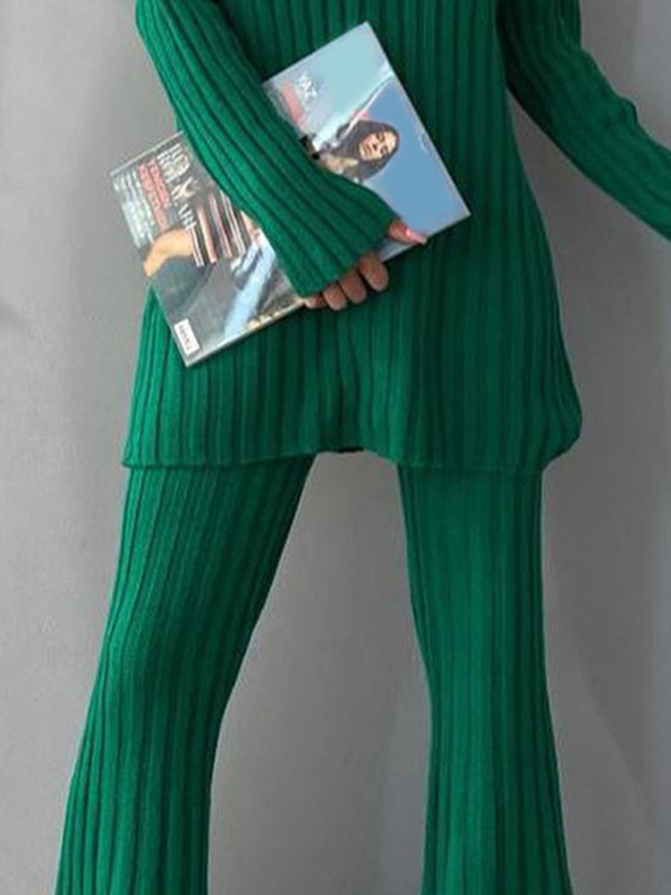 Women's Ribbed Turtleneck Jumper Flared Trousers Set