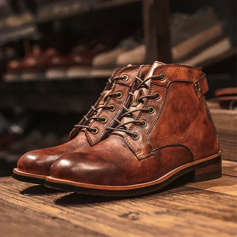 Men's lace-up ankle boots Serge in Brown – pair on wooden floor, alternate shot