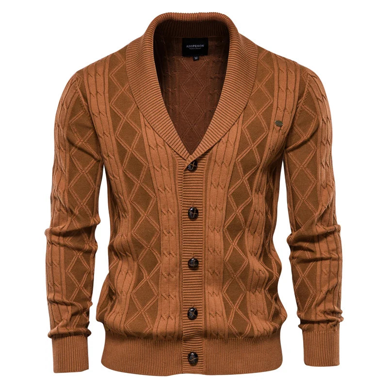 Men's shawl collar knit cardigan Ivor in Brown – front view