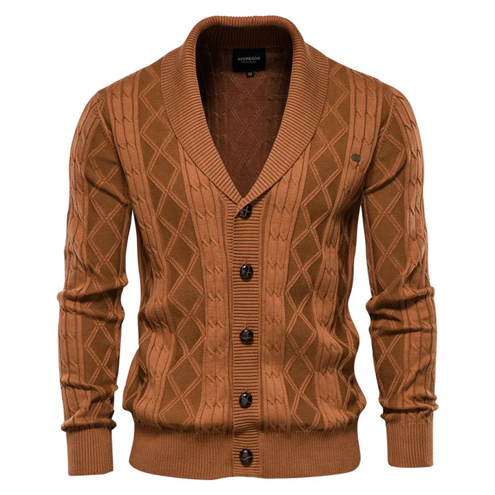 Men's shawl collar knit cardigan Ivor in Brown – front view