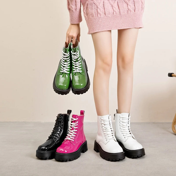 Women's Patent Platform Combat Boots - Brielle in Black, Red, Green and White – lifestyle view