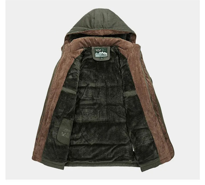 Men's Fleece-Lined Hooded Parka Kenley in Green – open view showing fleece lining