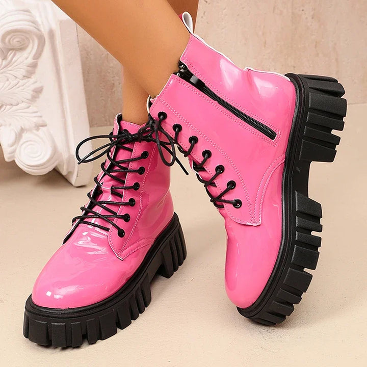 Women's Waterproof Combat Boots - Astrid in Pink – zip detail view