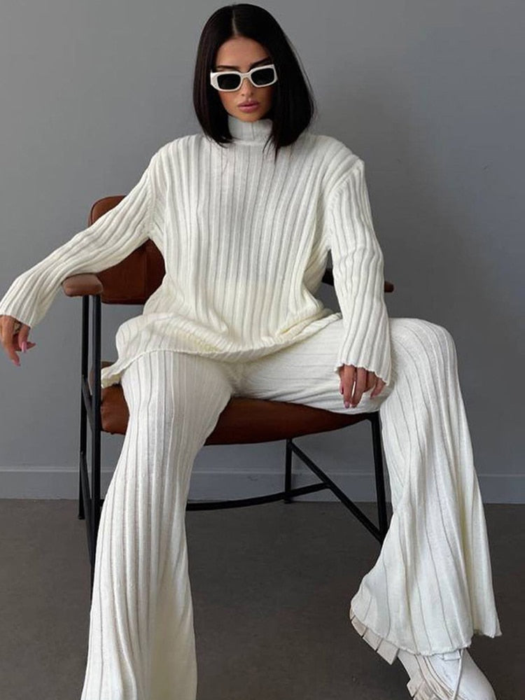 Women's Ribbed Turtleneck Jumper Flared Trousers Set