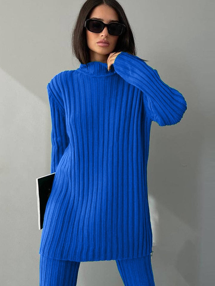 Women's Ribbed Turtleneck Jumper Flared Trousers Set