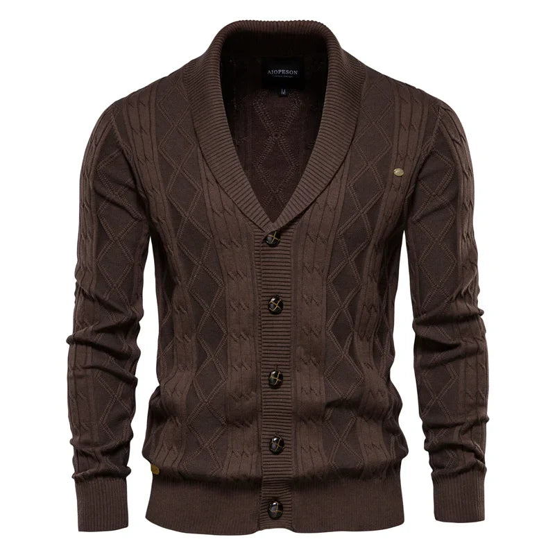 Men's shawl collar knit cardigan Ivor in Dark Brown – front view