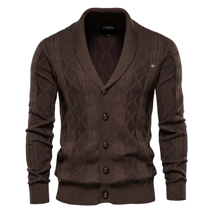 Men's shawl collar knit cardigan Ivor in Dark Brown – front view