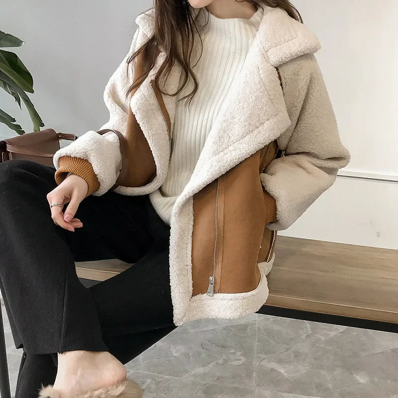 Women's Faux Shearling Aviator Jacket with Suede-Effect Panels – Alnwick – Caramel – front view on model