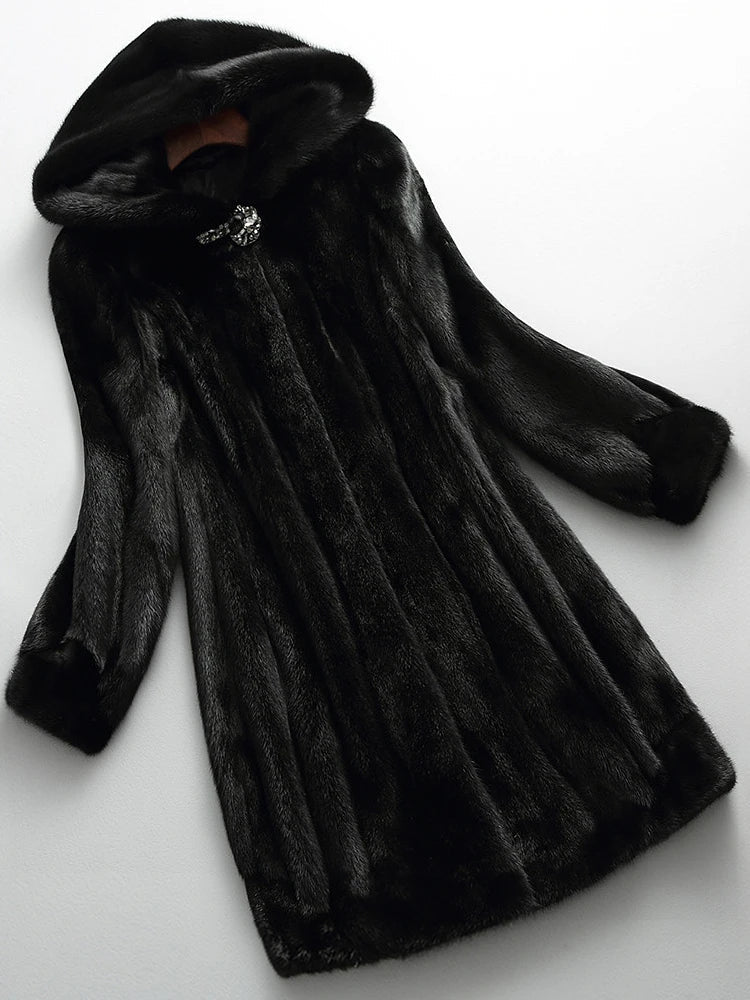 Dornoch women's hooded faux fur coat in Black – front view