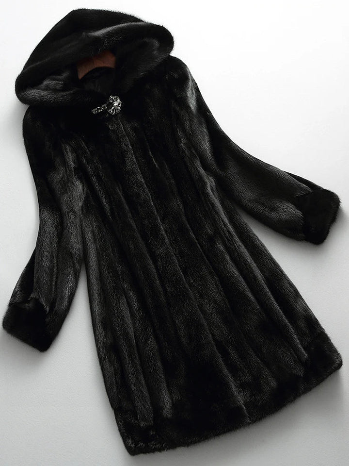 Dornoch women's hooded faux fur coat in Black – front view