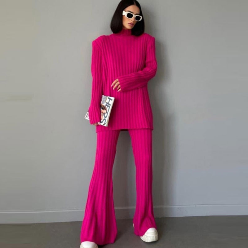 Women's Ribbed Turtleneck Jumper Flared Trousers Set