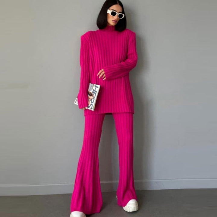Women's Ribbed Turtleneck Jumper Flared Trousers Set