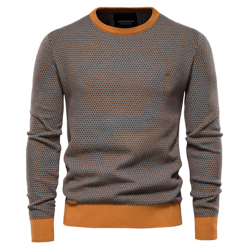 Men's textured crew neck jumper in taupe and orange – Lorien – front view