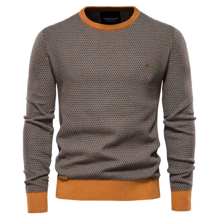 Men's textured crew neck jumper in taupe and orange – Lorien – front view