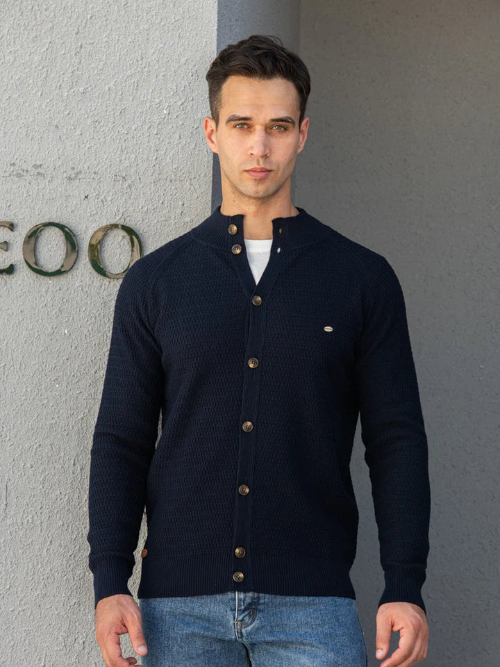 Men's stand collar button cardigan Selby in Dark Blue – worn on model