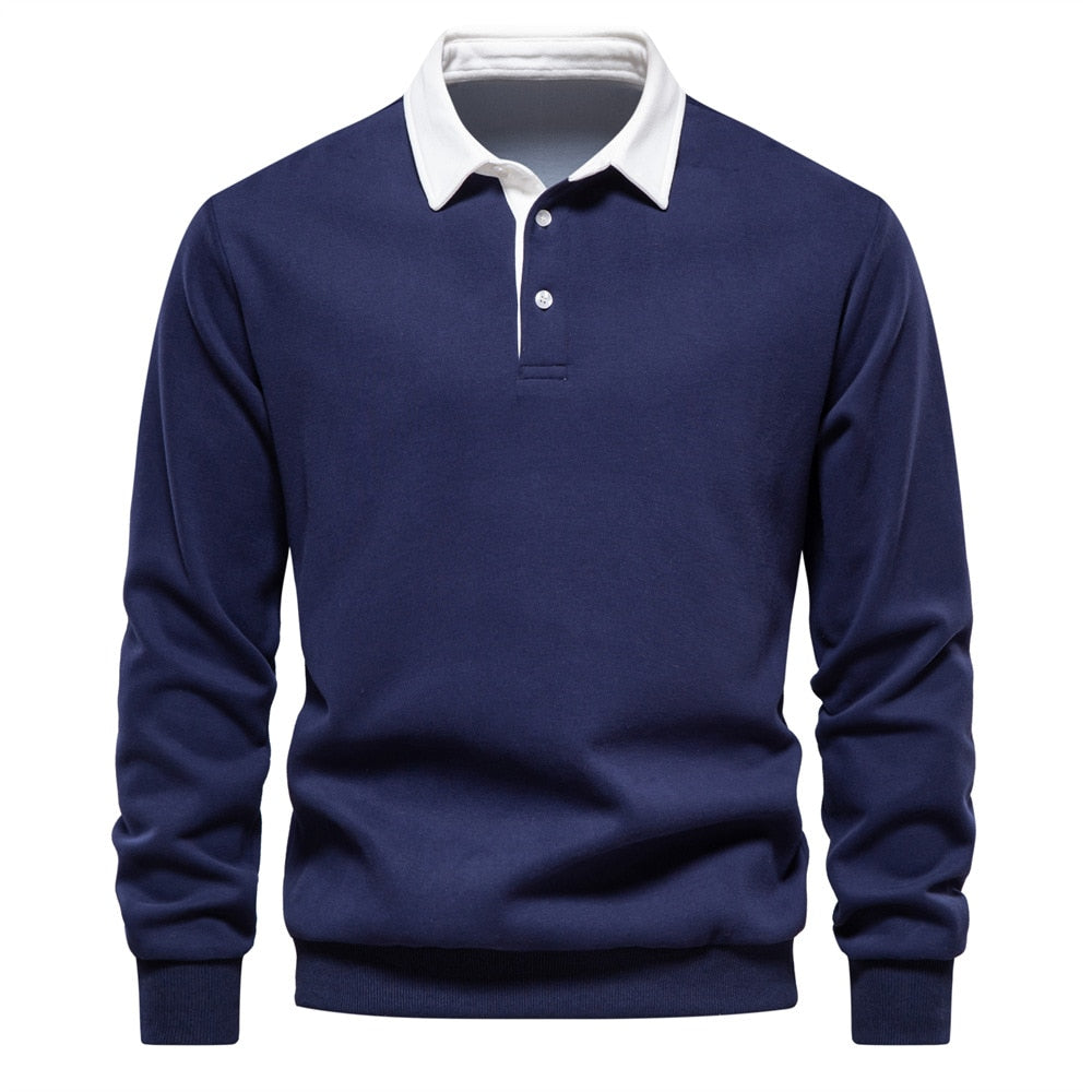 Men's contrast collar polo jumper Thomas in Navy with white collar – front view