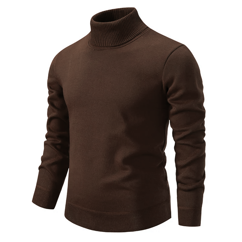 Men's brown fine knit roll neck jumper – front view