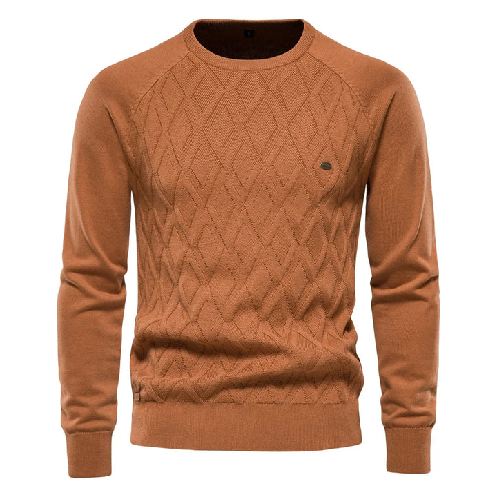 Men's diamond knit crew neck jumper in rust – Zarion – front view