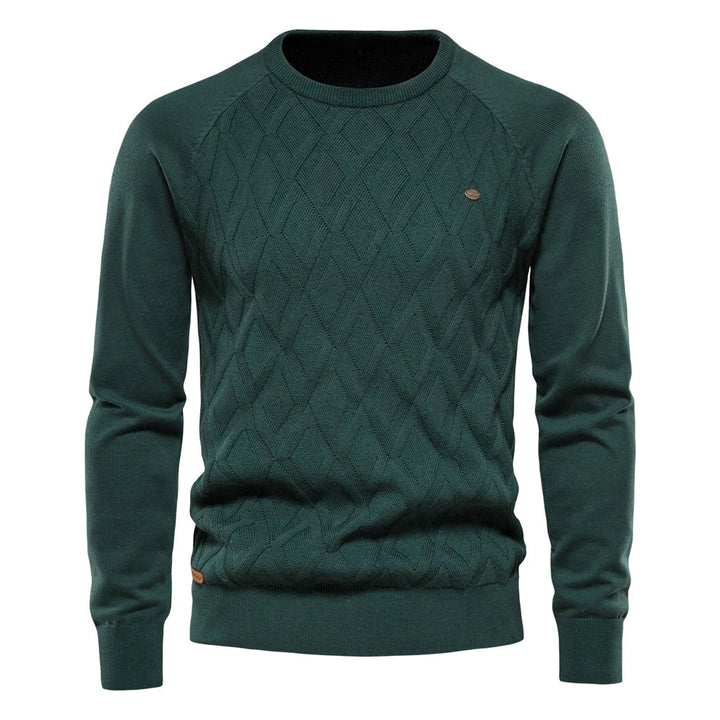 Men's diamond knit crew neck jumper in green – Zarion – front view