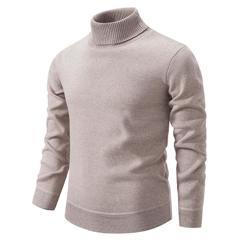 Men's beige fine knit roll neck jumper – front view