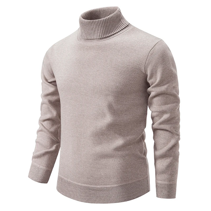 Men's beige fine knit roll neck jumper – front view