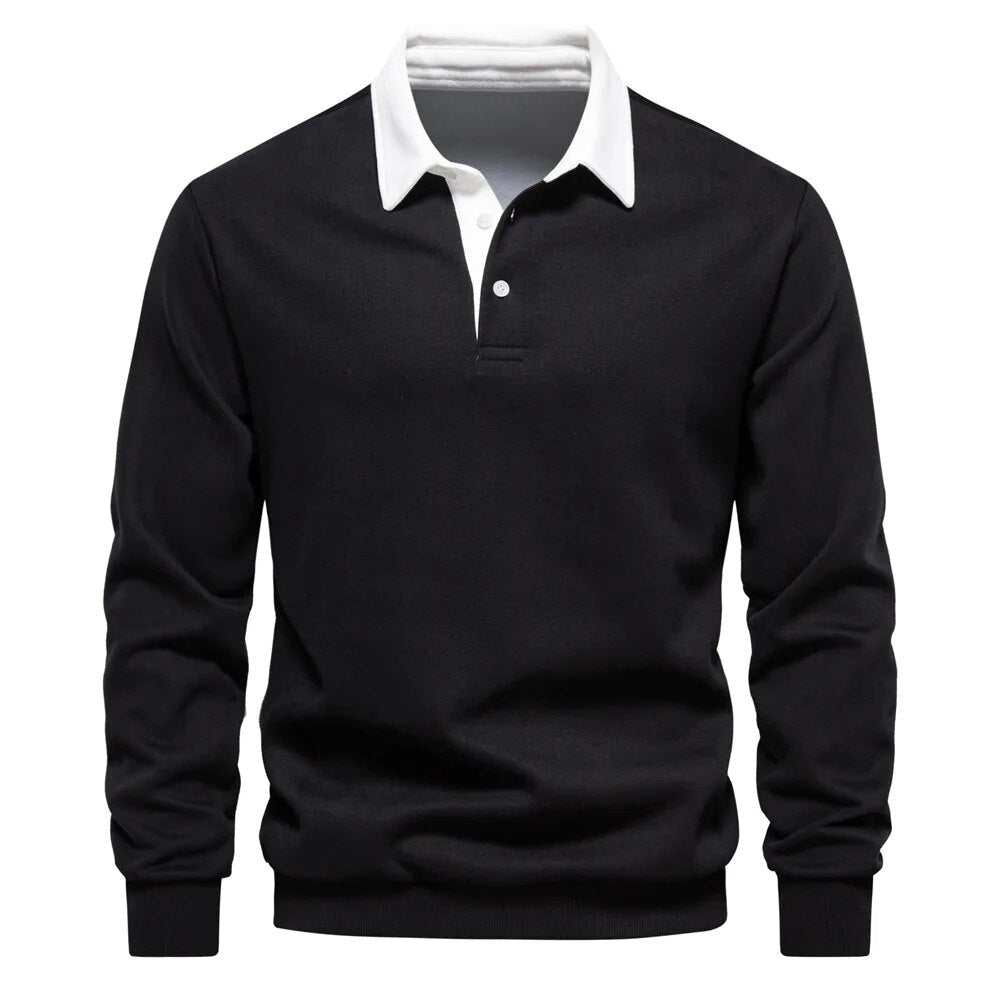 Men's contrast collar polo jumper Thomas in Black with white collar – front view