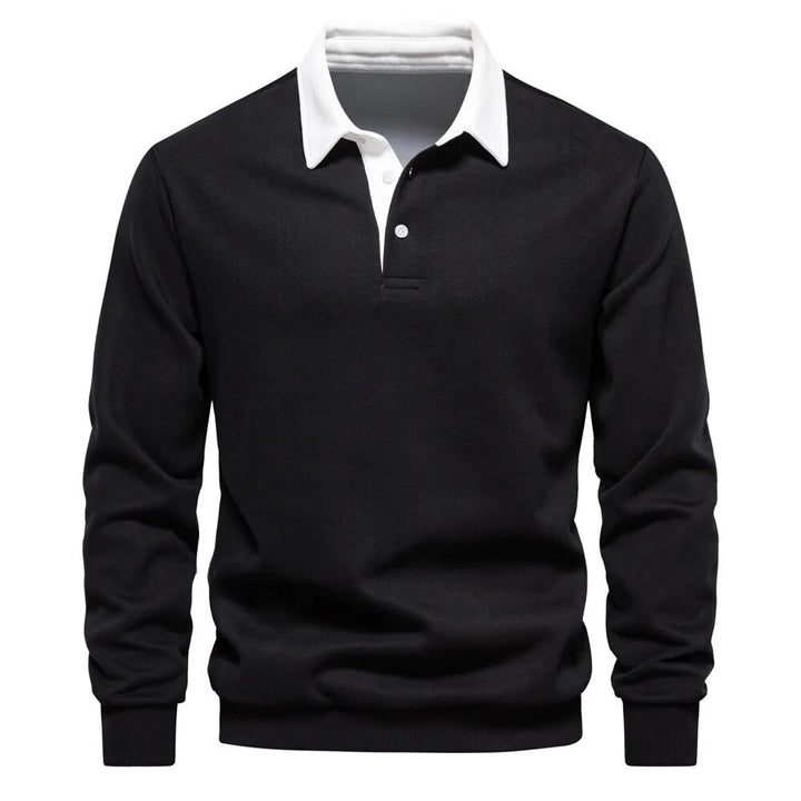 Men's contrast collar polo jumper Thomas in Black with white collar – front view