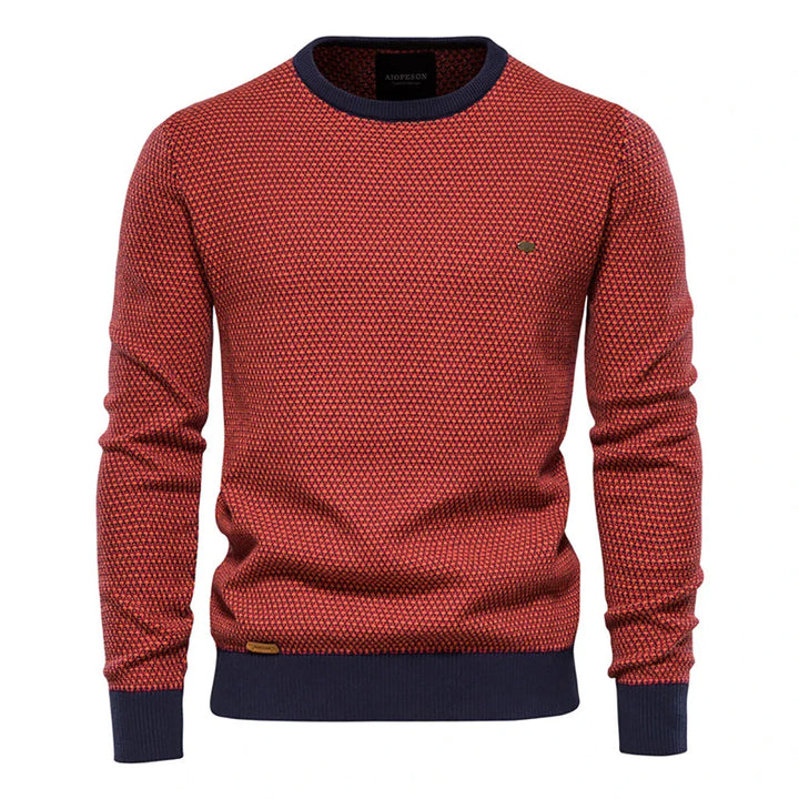 Men's textured crew neck jumper in red and navy – Lorien – front view
