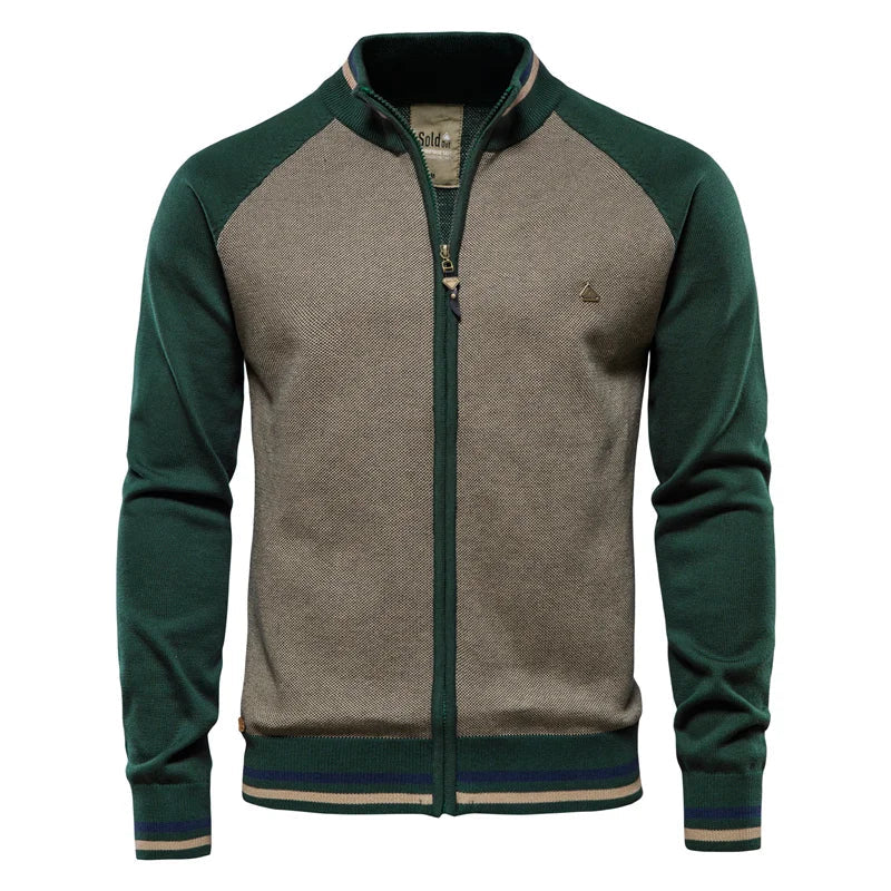 Men's zip up knit cardigan Aurelio in Green – alternate front view