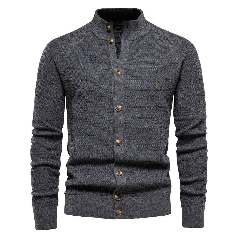 Men's stand collar button cardigan Selby in Grey – front view
