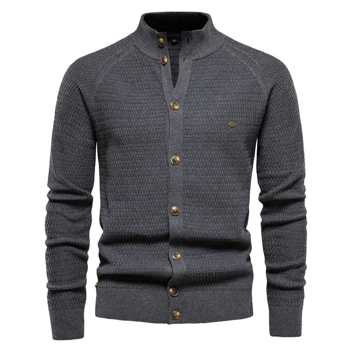 Men's stand collar button cardigan Selby in Grey – front view