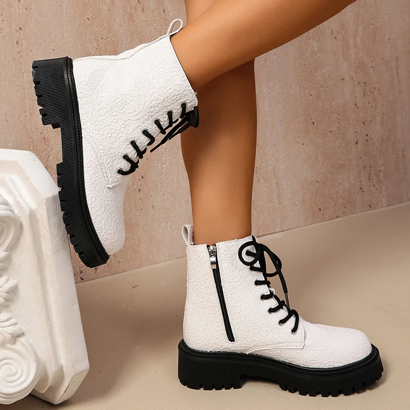 Women's Waterproof Combat Boots - Aurora in White – side zip view