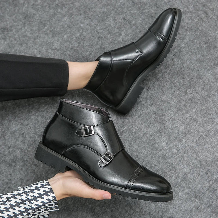 Men's double monk strap boots Alain in Deep Black – worn and held, alternate shot