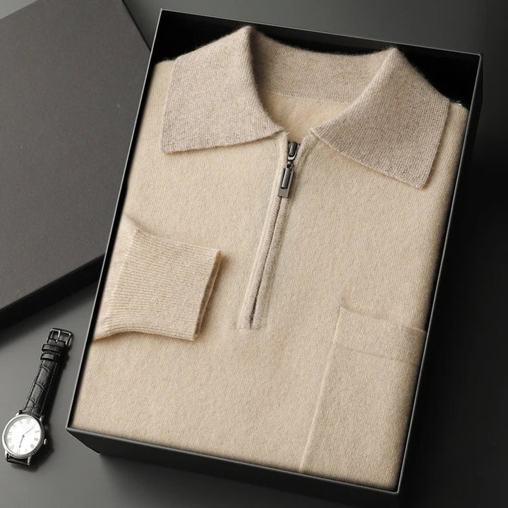 Men's beige knitted zip polo jumper – folded in gift box
