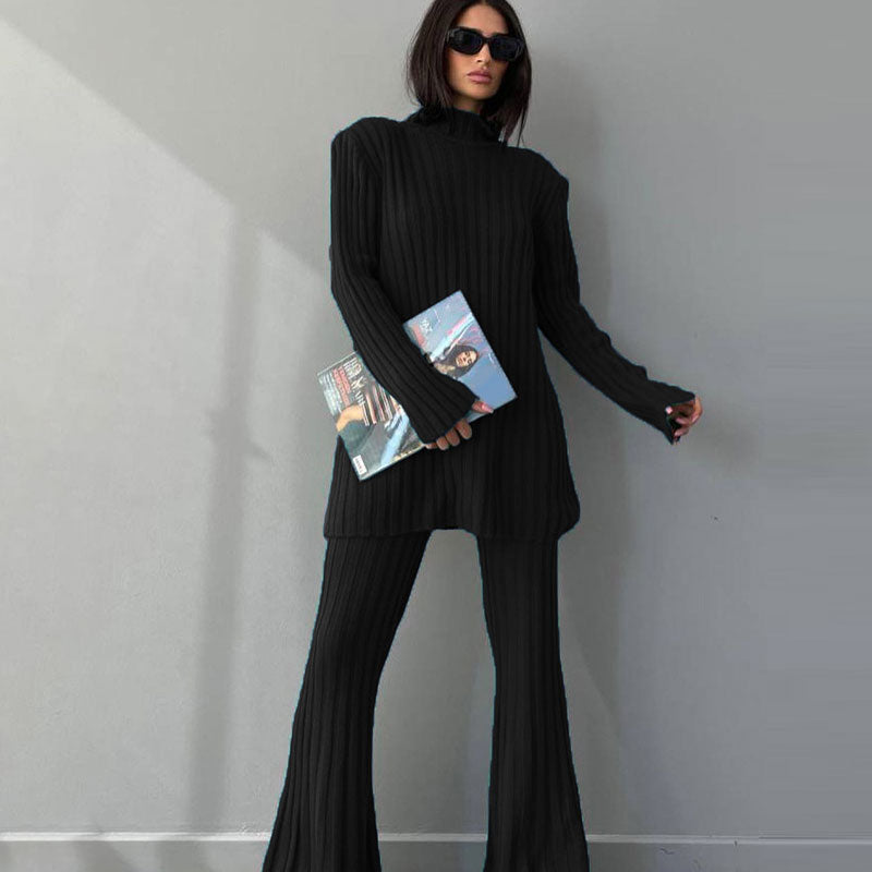 Women's Ribbed Turtleneck Jumper Flared Trousers Set