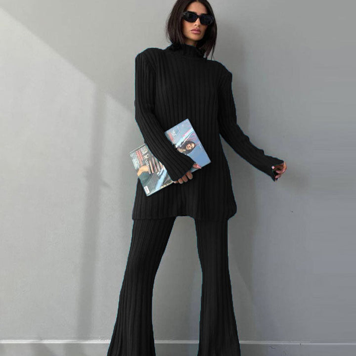 Women's Ribbed Turtleneck Jumper Flared Trousers Set