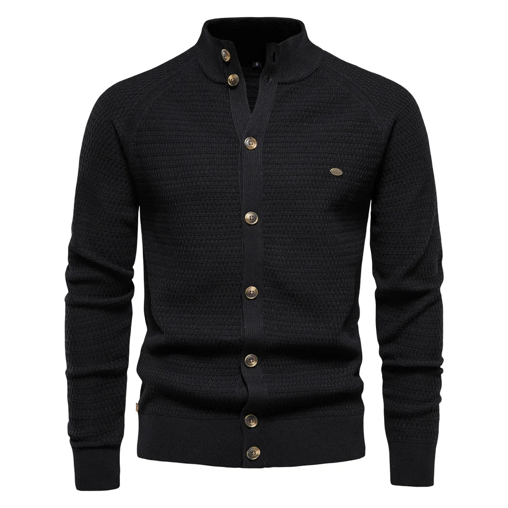 Men's stand collar button cardigan Selby in Black – front view