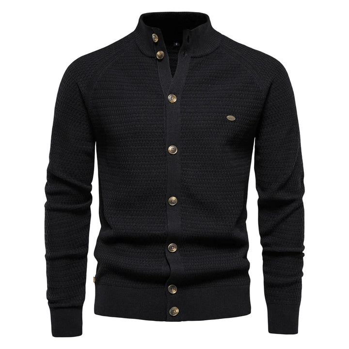 Men's stand collar button cardigan Selby in Black – front view