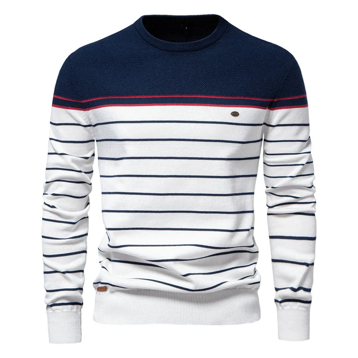 Men's striped crew neck jumper in navy and white – Ashdown – front view
