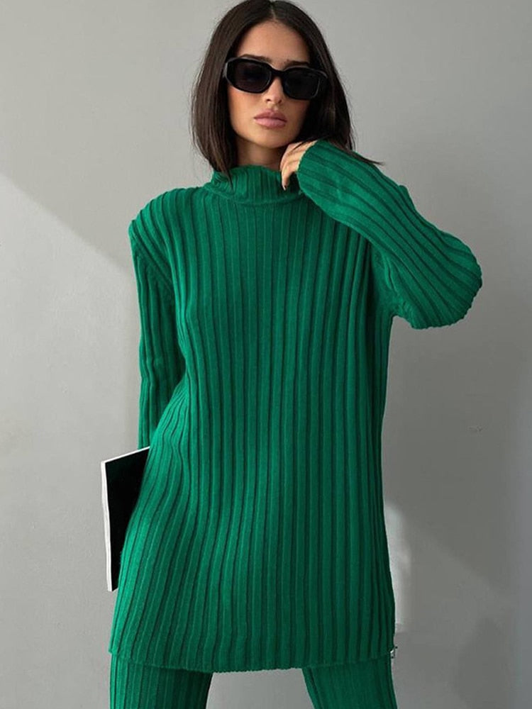 Women's Ribbed Turtleneck Jumper Flared Trousers Set