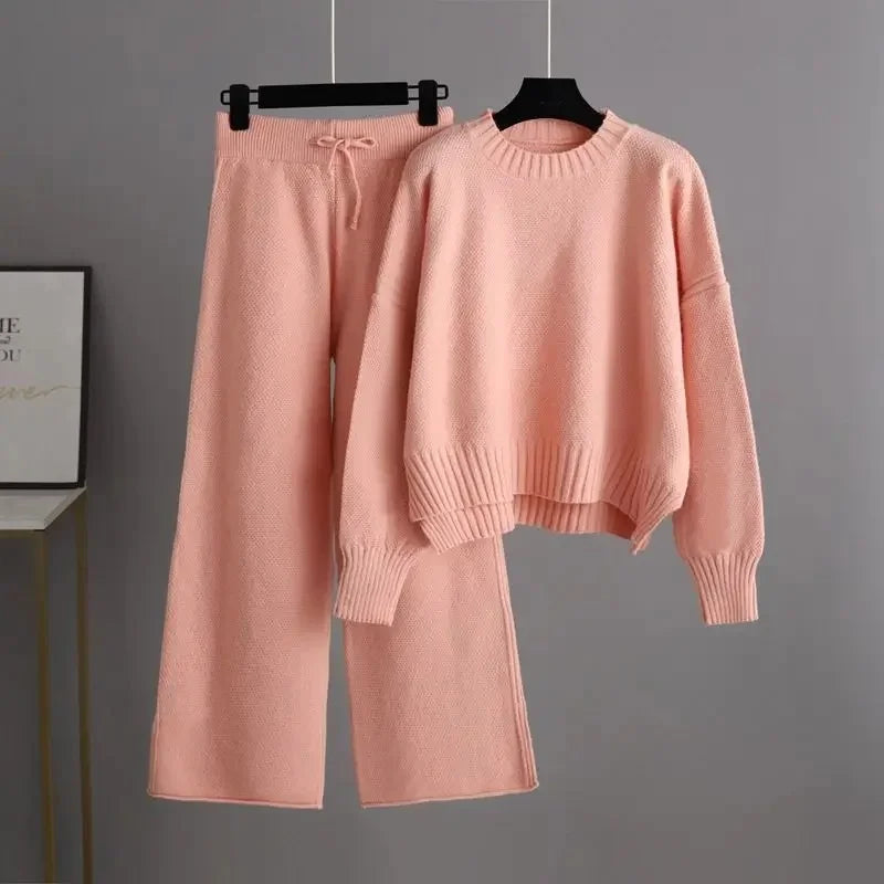 Women's knitted co ord trouser set Effie in Pink – product view