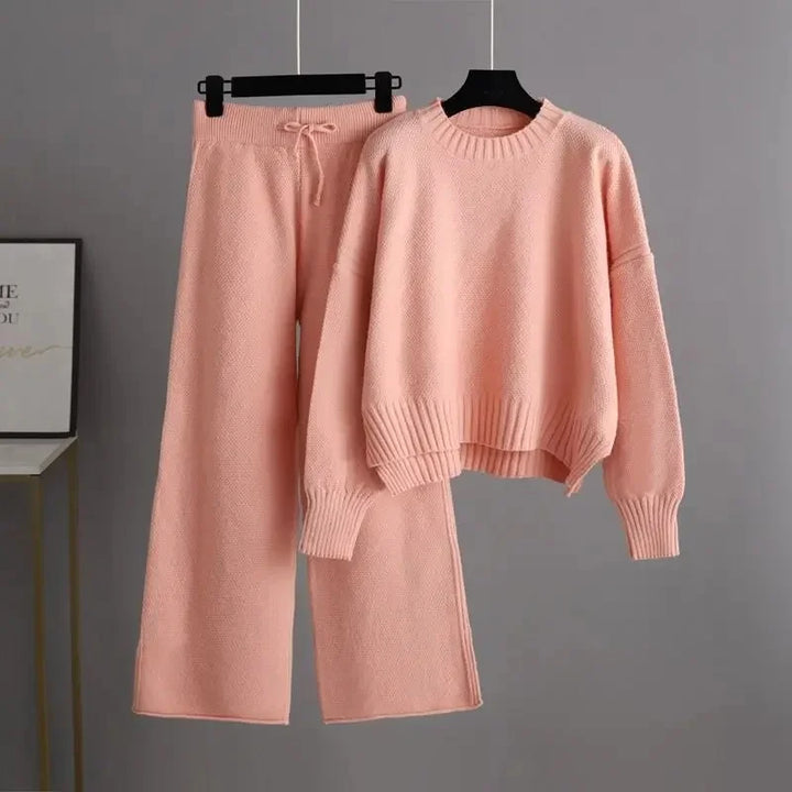 Women's knitted co ord trouser set Effie in Pink – product view