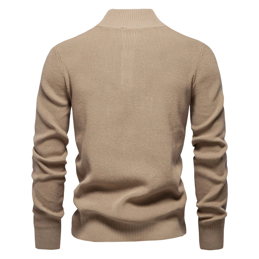 Men's ribbed button neck jumper in khaki – Ronan – back view
