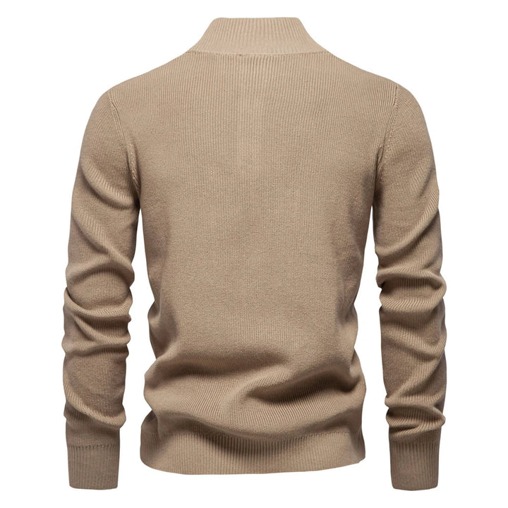 Men's ribbed button neck jumper in khaki – Ronan – back view