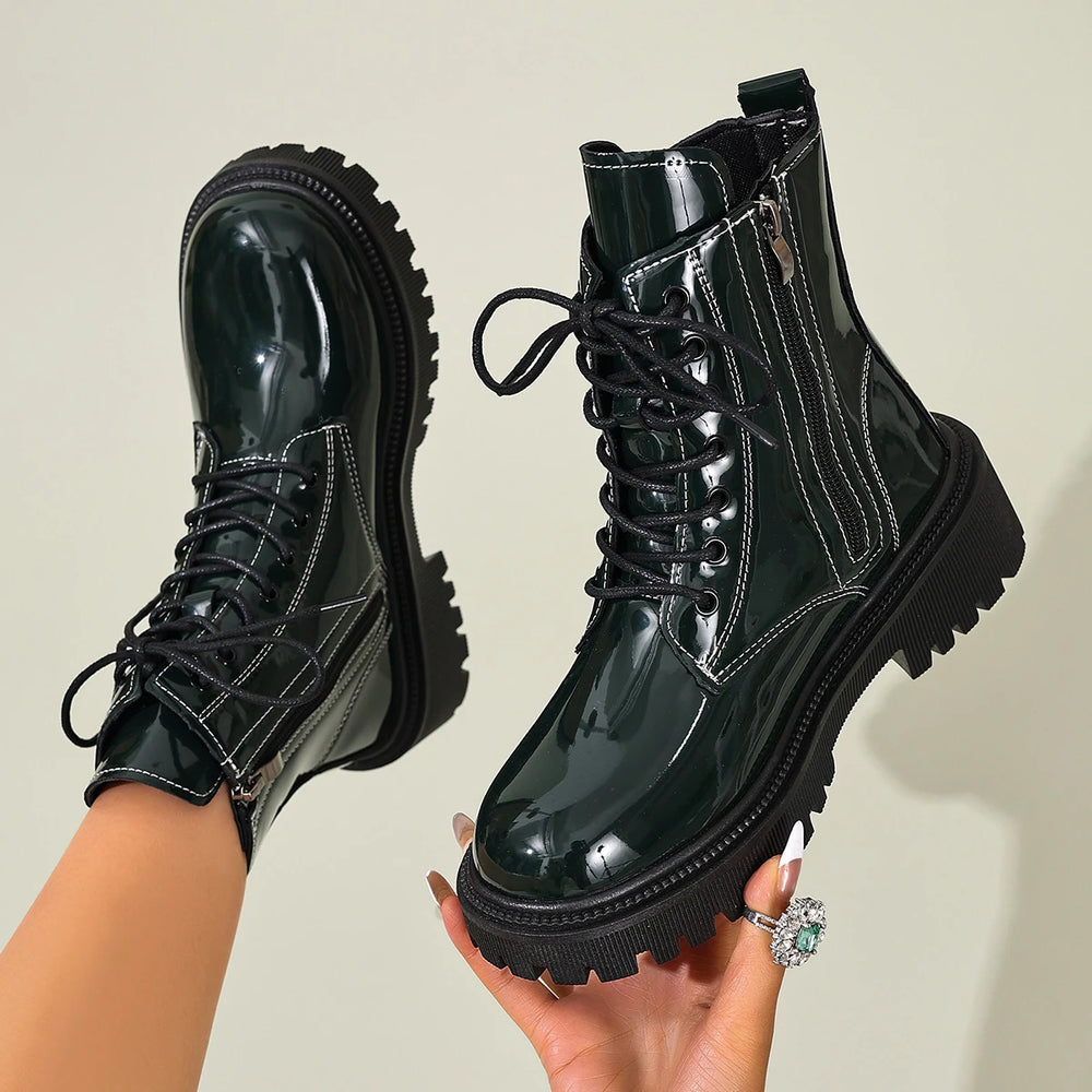 Women's Waterproof Combat Boots - Thea in Green – side view